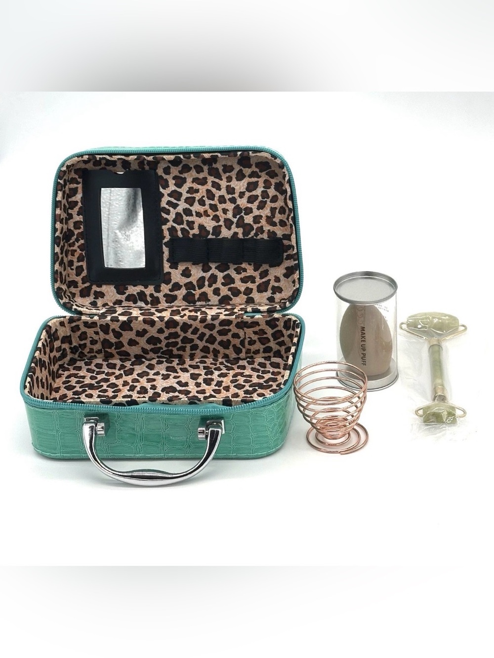 Green Croc-Embossed Travel Jewelry Cosmetic Case with Leopard Interior 4 pc Set